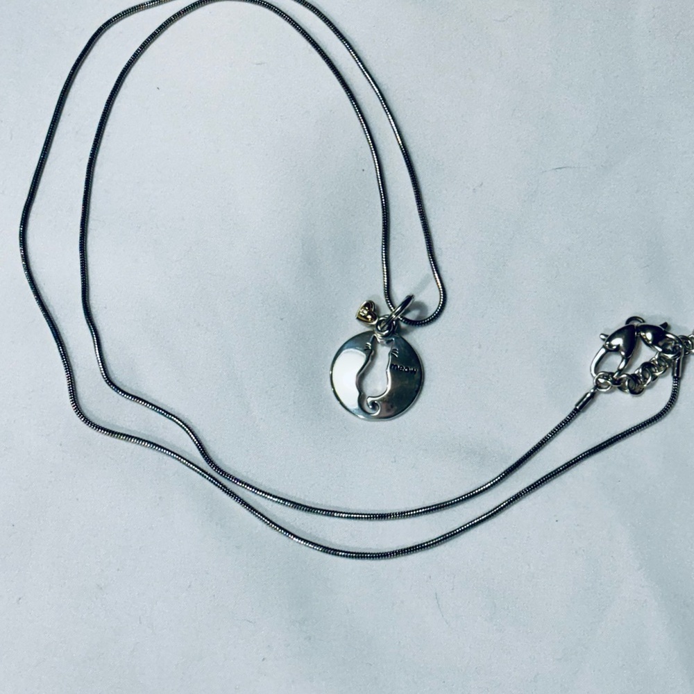 Brighton Cat's Meow w Heart Charm Necklace Long 32-34” Silver Plated Adorable - Picture 3 of 5